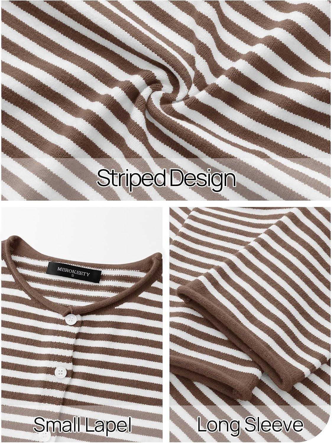 imageMEROKEETY Womens Striped Cardigan Sweaters 2026 Button Lightweight Long Sleeve Loose Knit Fall Sweater ClothesBrown