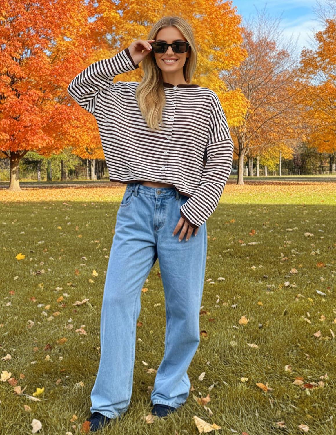 imageMEROKEETY Womens Striped Cardigan Sweaters 2026 Button Lightweight Long Sleeve Loose Knit Fall Sweater ClothesCoffee