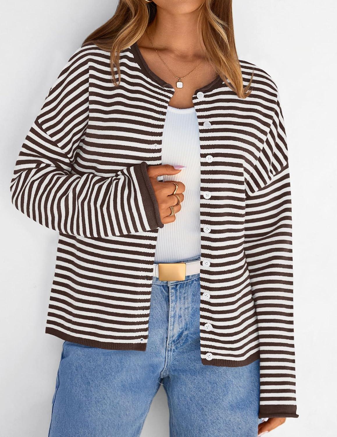 imageMEROKEETY Womens Striped Cardigan Sweaters 2026 Button Lightweight Long Sleeve Loose Knit Fall Sweater ClothesCoffee