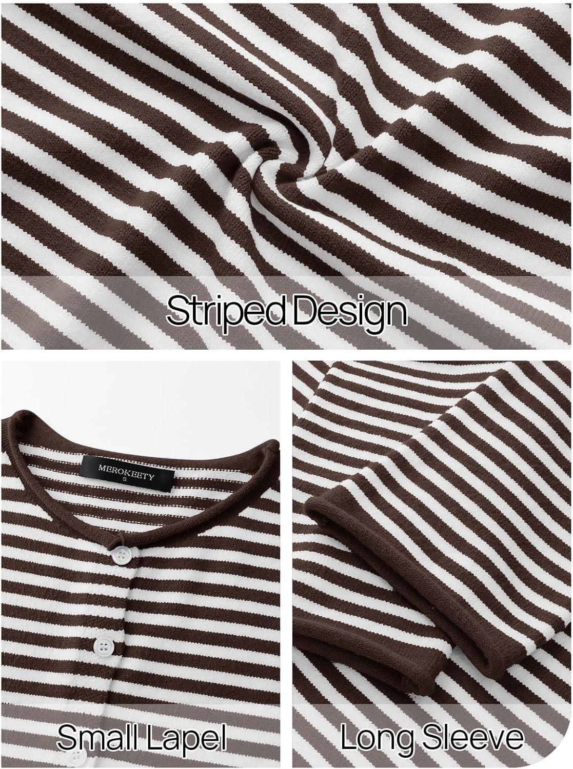 imageMEROKEETY Womens Striped Cardigan Sweaters 2026 Button Lightweight Long Sleeve Loose Knit Fall Sweater ClothesCoffee