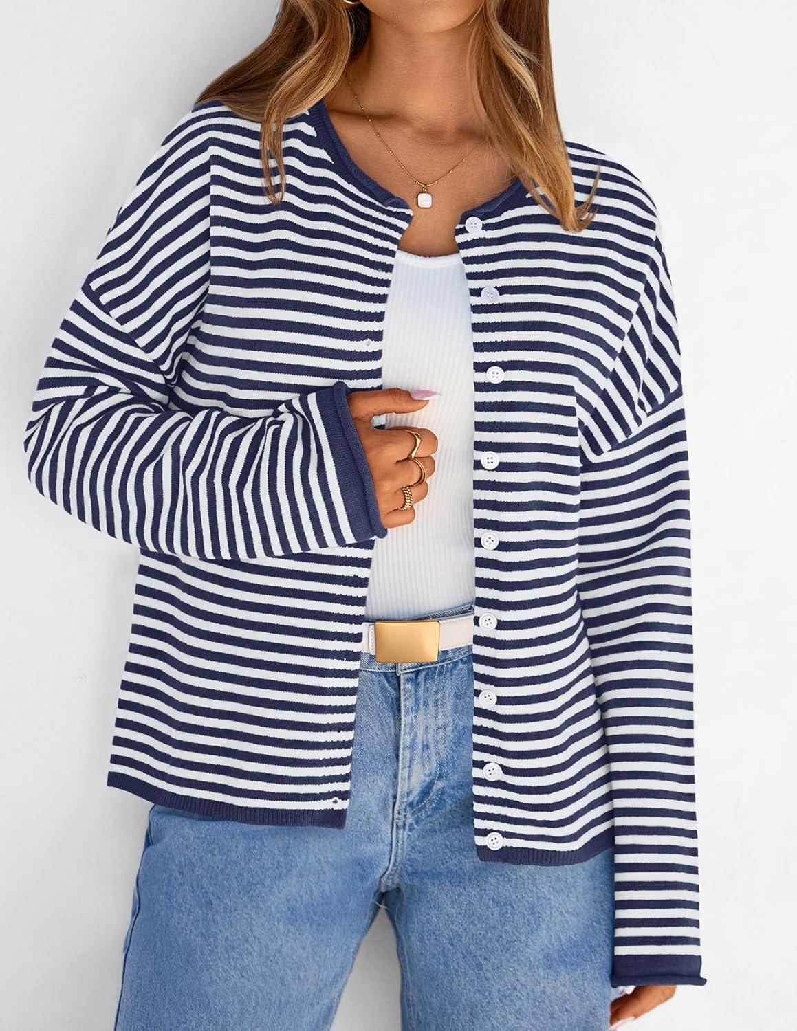 imageMEROKEETY Womens Striped Cardigan Sweaters 2026 Button Lightweight Long Sleeve Loose Knit Fall Sweater ClothesNavy