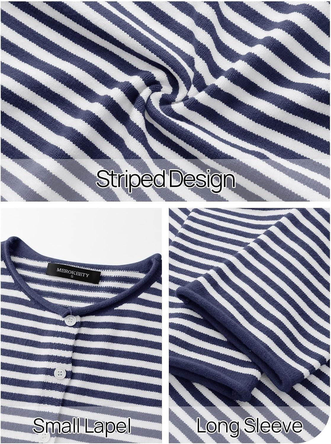 imageMEROKEETY Womens Striped Cardigan Sweaters 2026 Button Lightweight Long Sleeve Loose Knit Fall Sweater ClothesNavy