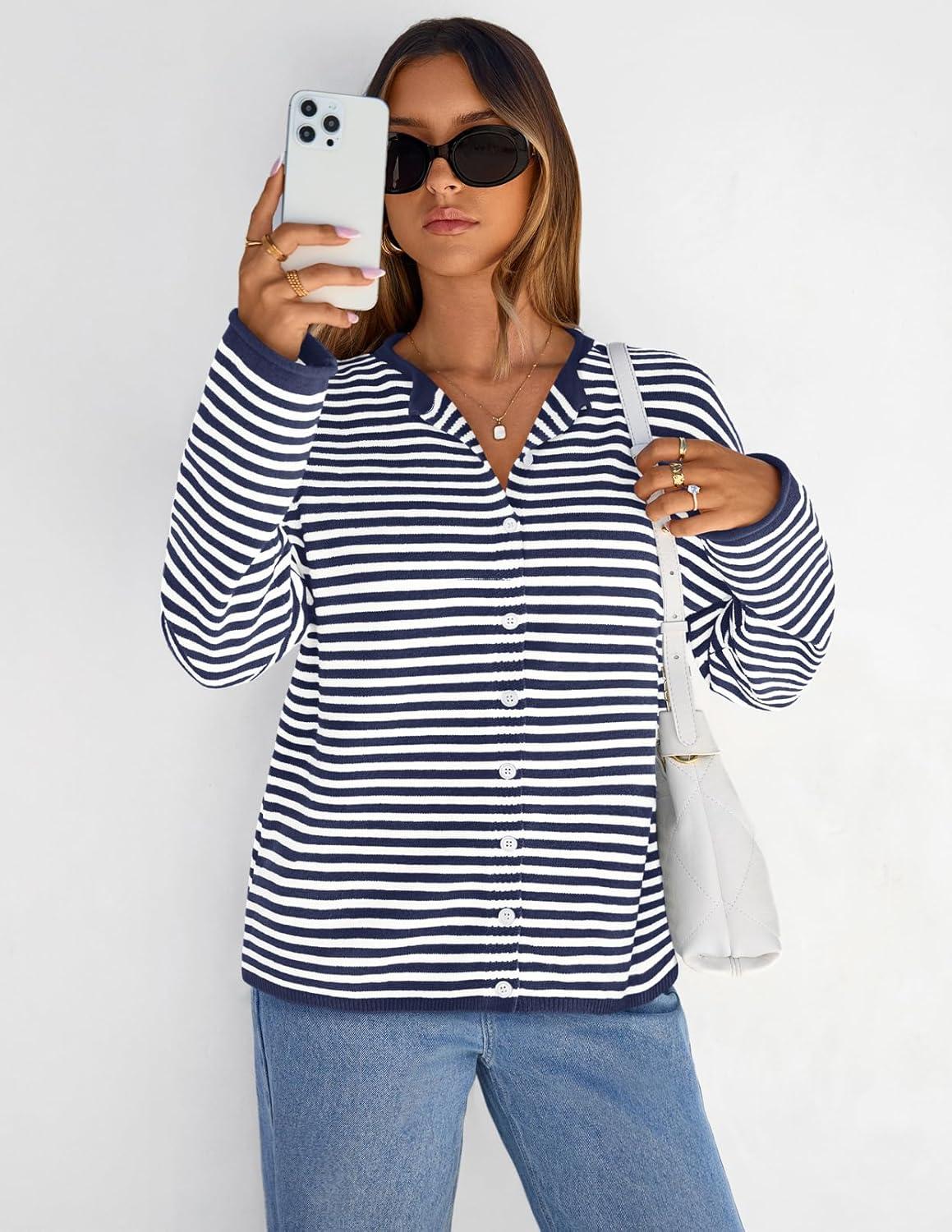imageMEROKEETY Womens Striped Cardigan Sweaters 2026 Button Lightweight Long Sleeve Loose Knit Fall Sweater ClothesNavy