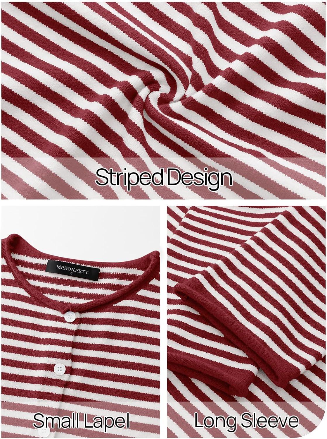imageMEROKEETY Womens Striped Cardigan Sweaters 2026 Button Lightweight Long Sleeve Loose Knit Fall Sweater ClothesRed