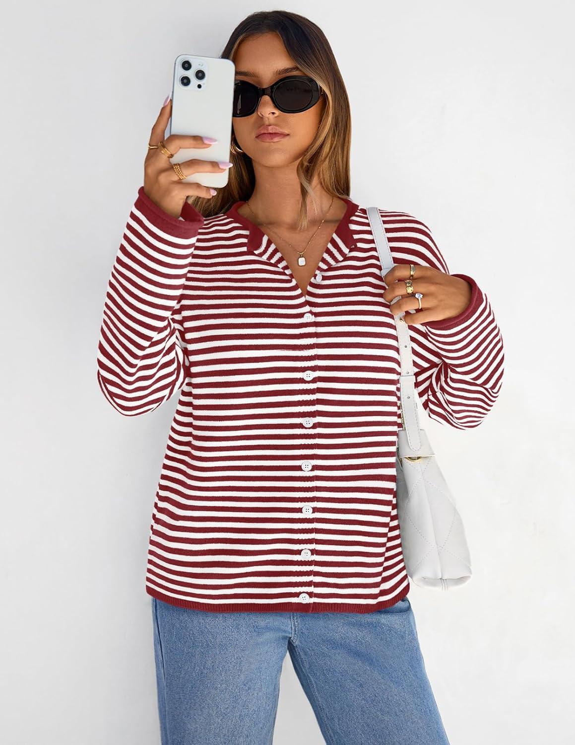 imageMEROKEETY Womens Striped Cardigan Sweaters 2026 Button Lightweight Long Sleeve Loose Knit Fall Sweater ClothesRed