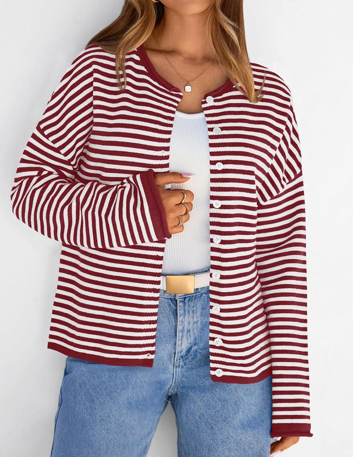 imageMEROKEETY Womens Striped Cardigan Sweaters 2026 Button Lightweight Long Sleeve Loose Knit Fall Sweater ClothesRed