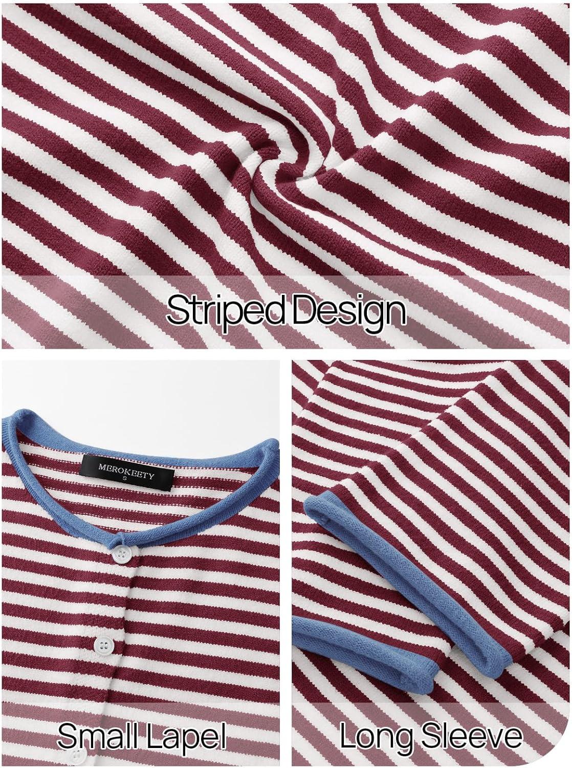 imageMEROKEETY Womens Striped Cardigan Sweaters 2026 Button Lightweight Long Sleeve Loose Knit Fall Sweater ClothesWineblue