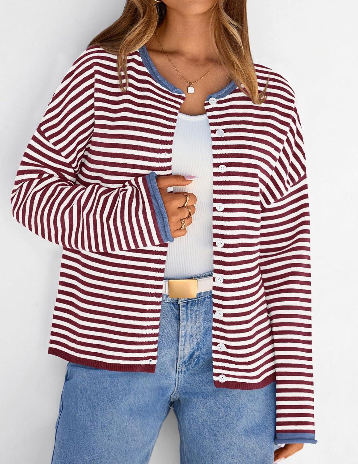 imageMEROKEETY Womens Striped Cardigan Sweaters 2026 Button Lightweight Long Sleeve Loose Knit Fall Sweater ClothesWineblue