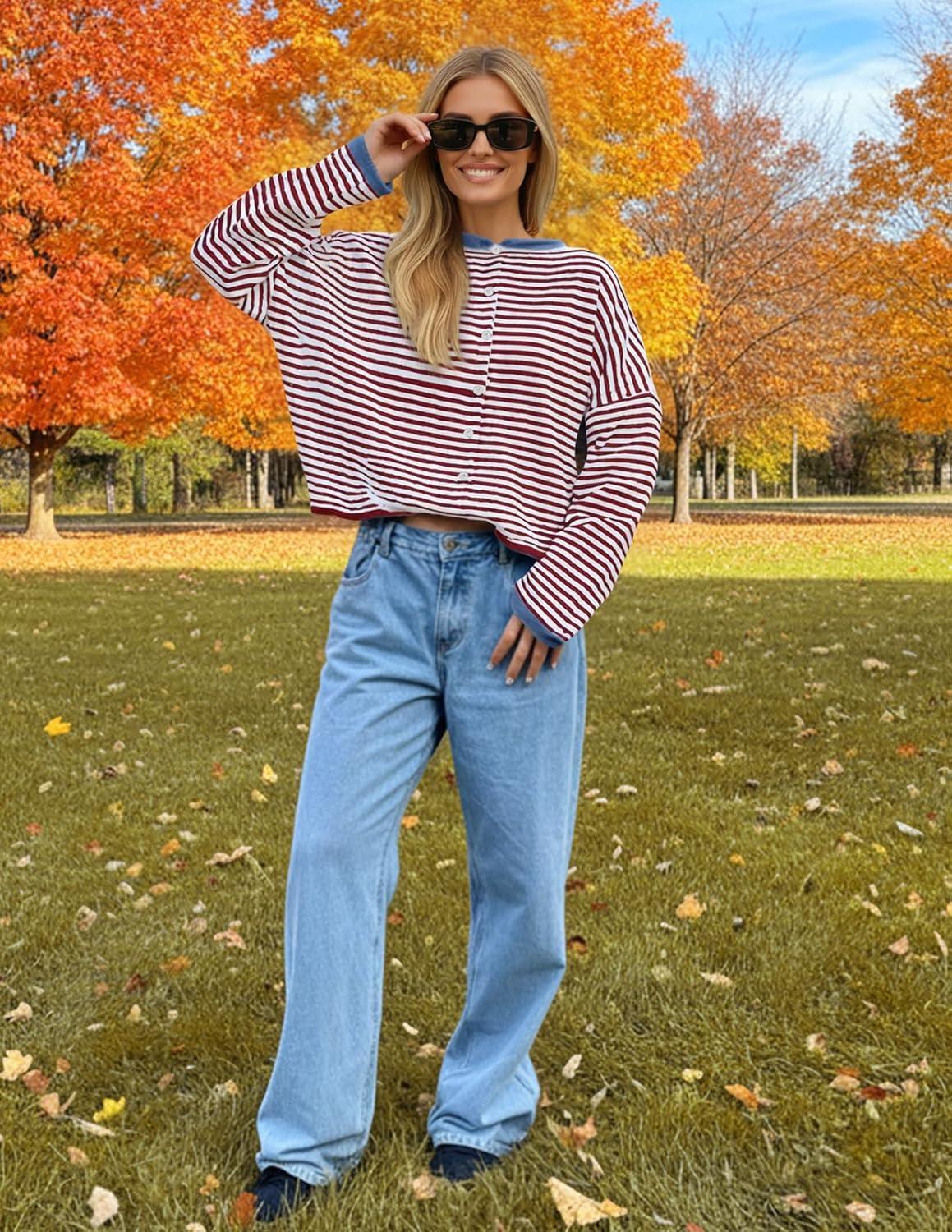 imageMEROKEETY Womens Striped Cardigan Sweaters 2026 Button Lightweight Long Sleeve Loose Knit Fall Sweater ClothesWineblue