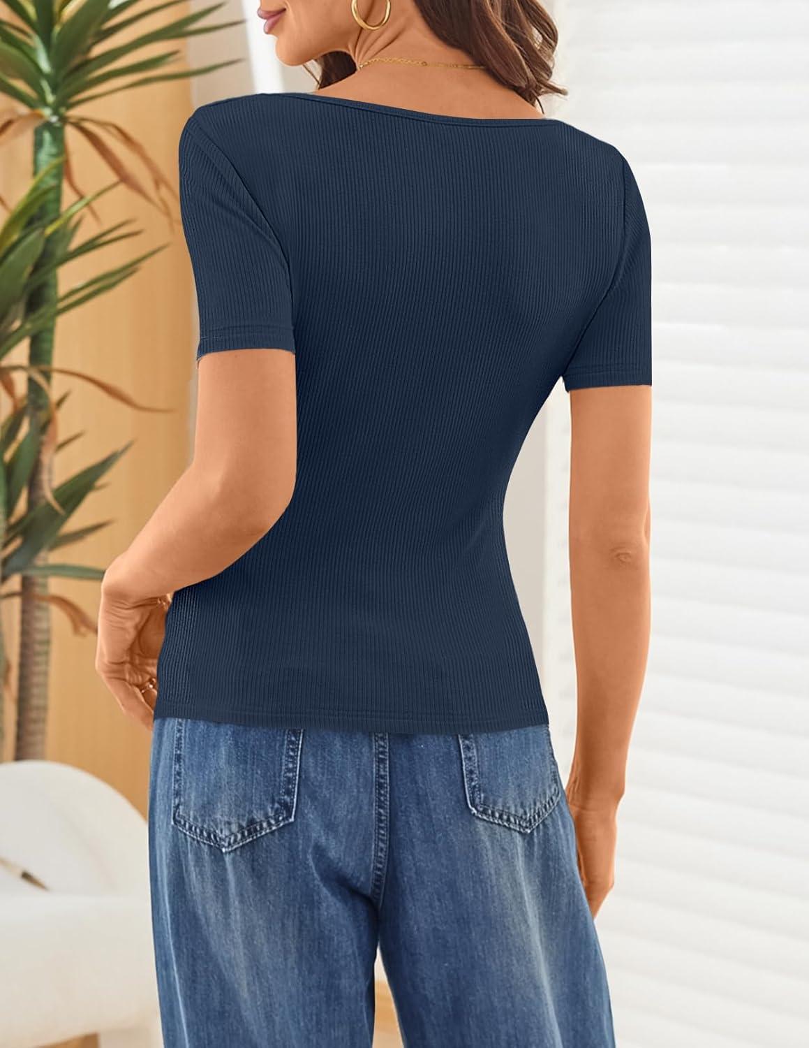 imageMEROKEETY Womens Summer Asymmetrical Short Sleeve Tops 2026 Casual Dressy Ruched Fitted Y2K Going Out Date Night T ShirtsNavy