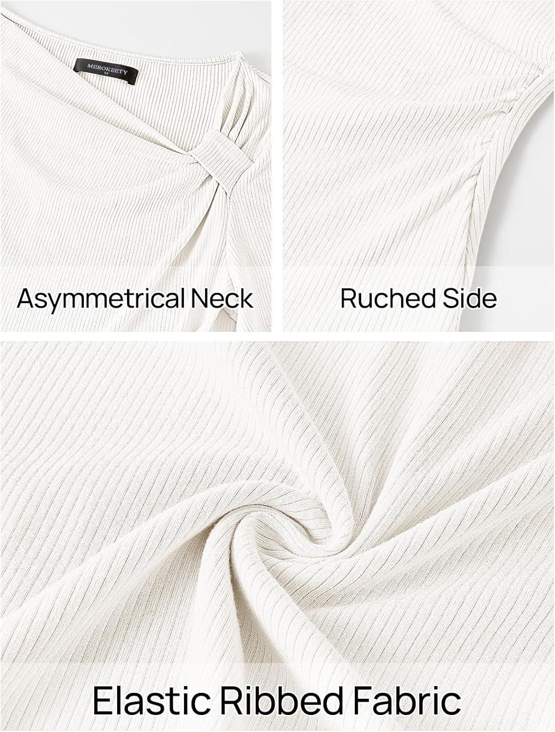 imageMEROKEETY Womens Summer Asymmetrical Short Sleeve Tops 2026 Casual Dressy Ruched Fitted Y2K Going Out Date Night T ShirtsWhite