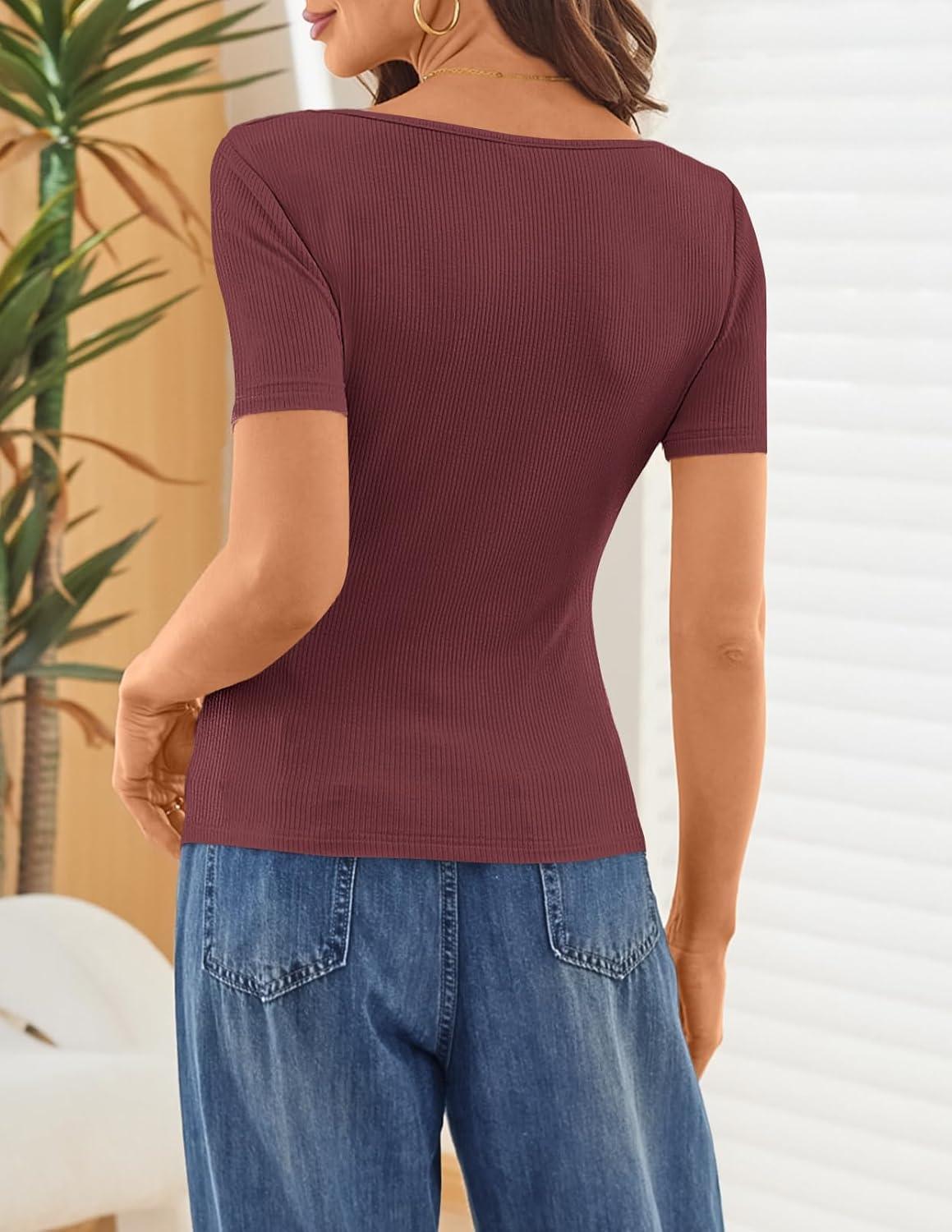 imageMEROKEETY Womens Summer Asymmetrical Short Sleeve Tops 2026 Casual Dressy Ruched Fitted Y2K Going Out Date Night T ShirtsWine