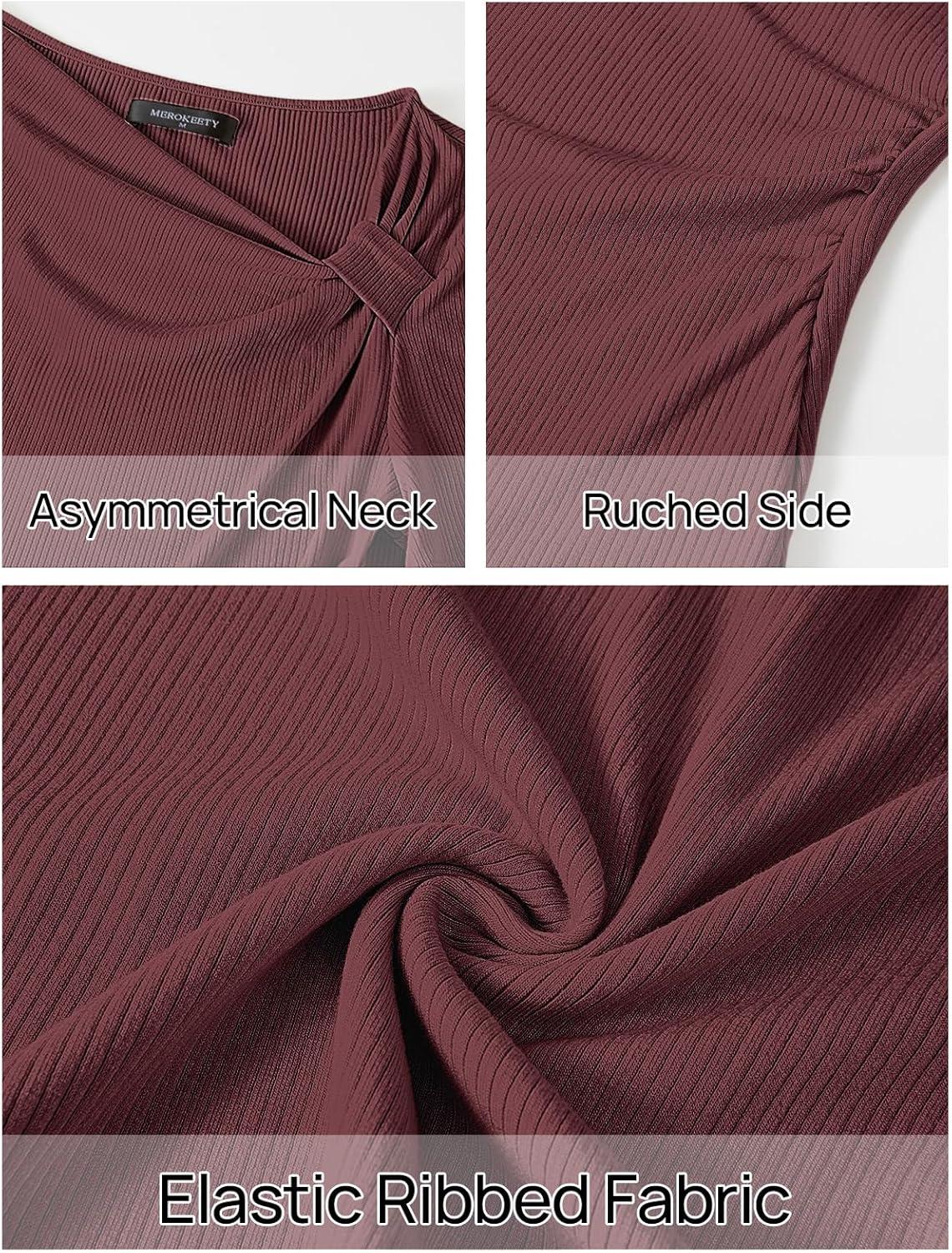 imageMEROKEETY Womens Summer Asymmetrical Short Sleeve Tops 2026 Casual Dressy Ruched Fitted Y2K Going Out Date Night T ShirtsWine