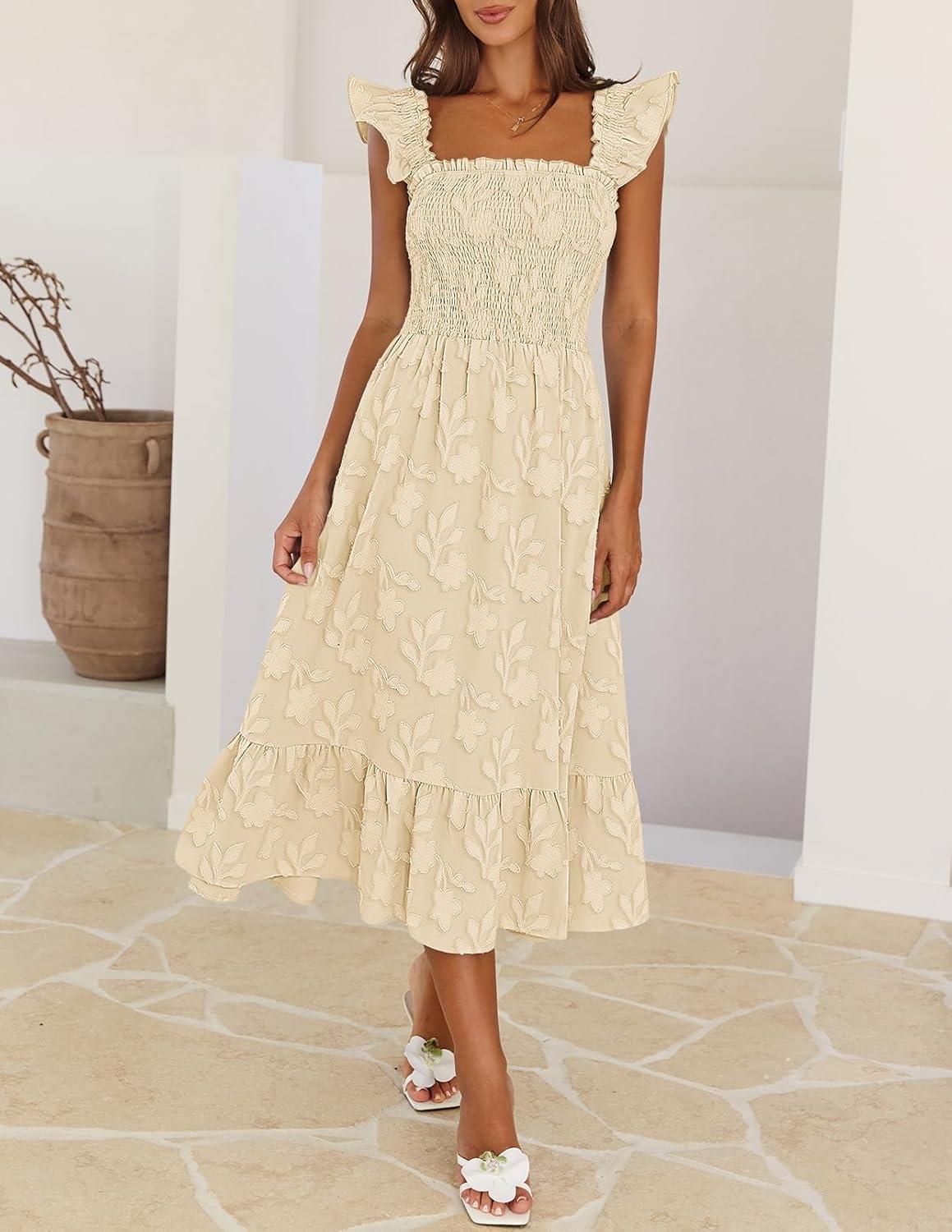 imageMEROKEETY Womens Summer Boho Midi Dress 2026 Casual Floral Square Neck Sleeveless Smocked Flowy Ruffle Beach Long DressesApricot