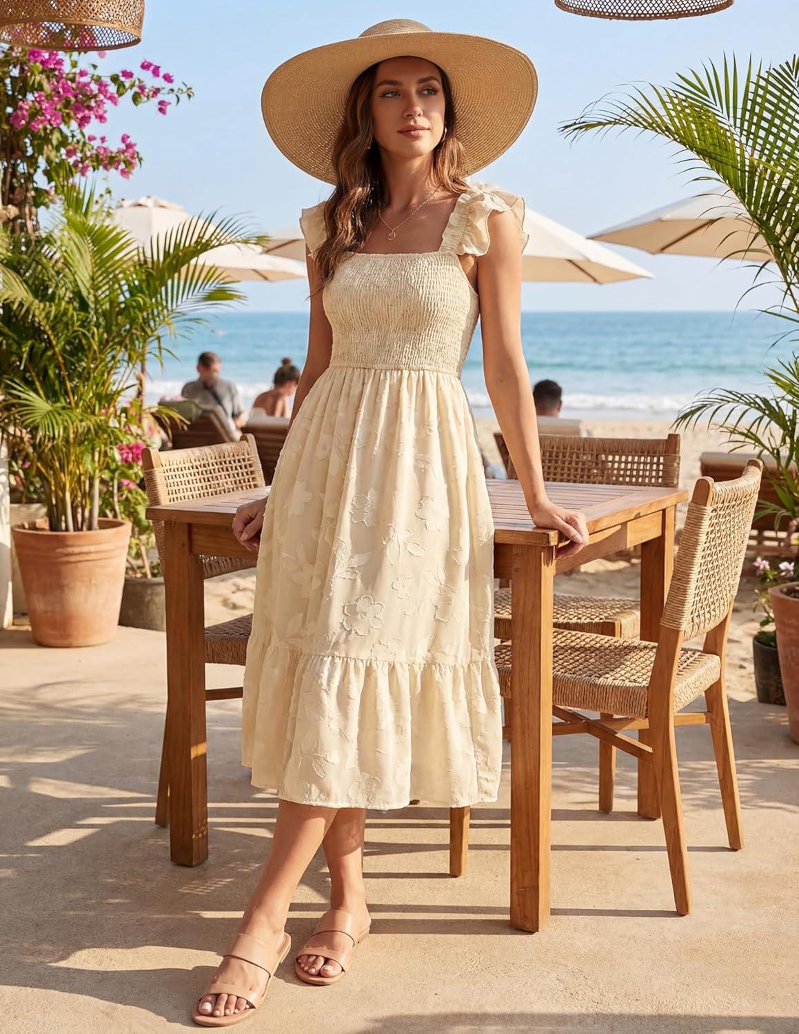 imageMEROKEETY Womens Summer Boho Midi Dress 2026 Casual Floral Square Neck Sleeveless Smocked Flowy Ruffle Beach Long DressesApricot