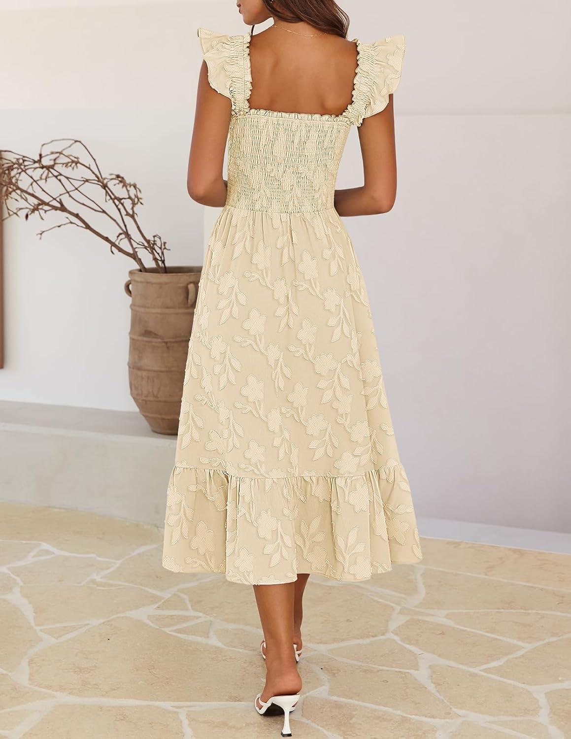 imageMEROKEETY Womens Summer Boho Midi Dress 2026 Casual Floral Square Neck Sleeveless Smocked Flowy Ruffle Beach Long DressesApricot