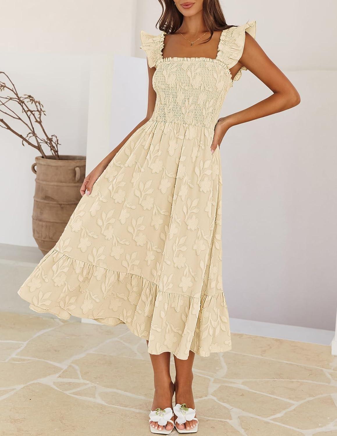 imageMEROKEETY Womens Summer Boho Midi Dress 2026 Casual Floral Square Neck Sleeveless Smocked Flowy Ruffle Beach Long DressesApricot