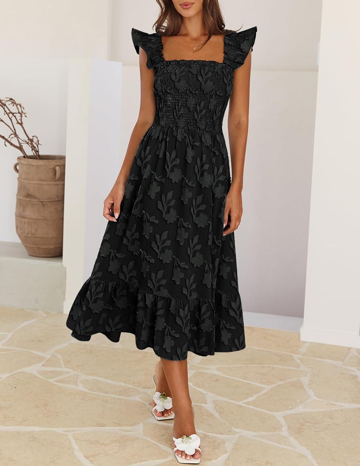 imageMEROKEETY Womens Summer Boho Midi Dress 2026 Casual Floral Square Neck Sleeveless Smocked Flowy Ruffle Beach Long DressesBlack
