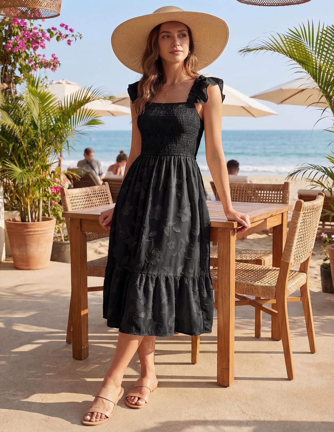 imageMEROKEETY Womens Summer Boho Midi Dress 2026 Casual Floral Square Neck Sleeveless Smocked Flowy Ruffle Beach Long DressesBlack