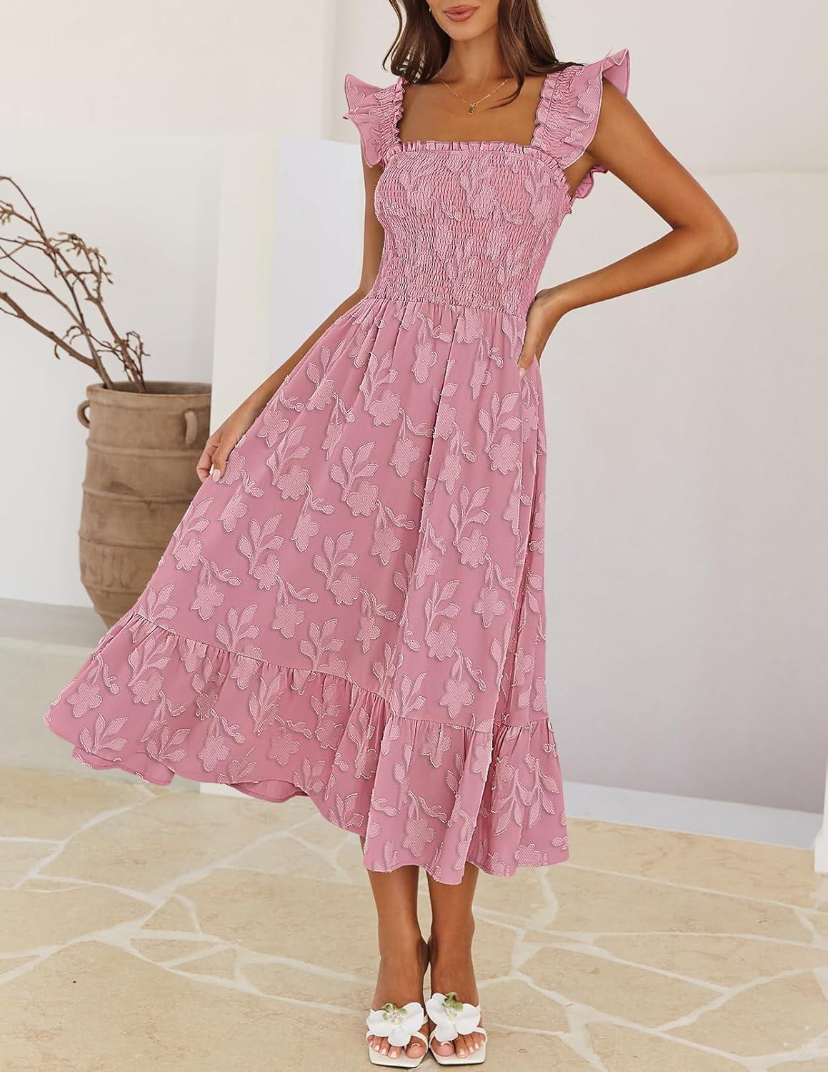 imageMEROKEETY Womens Summer Boho Midi Dress 2026 Casual Floral Square Neck Sleeveless Smocked Flowy Ruffle Beach Long DressesPink