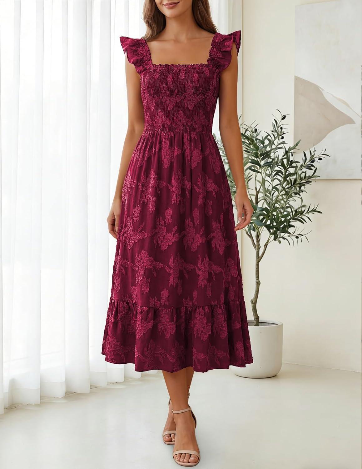 imageMEROKEETY Womens Summer Boho Midi Dress 2026 Casual Floral Square Neck Sleeveless Smocked Flowy Ruffle Beach Long DressesWine