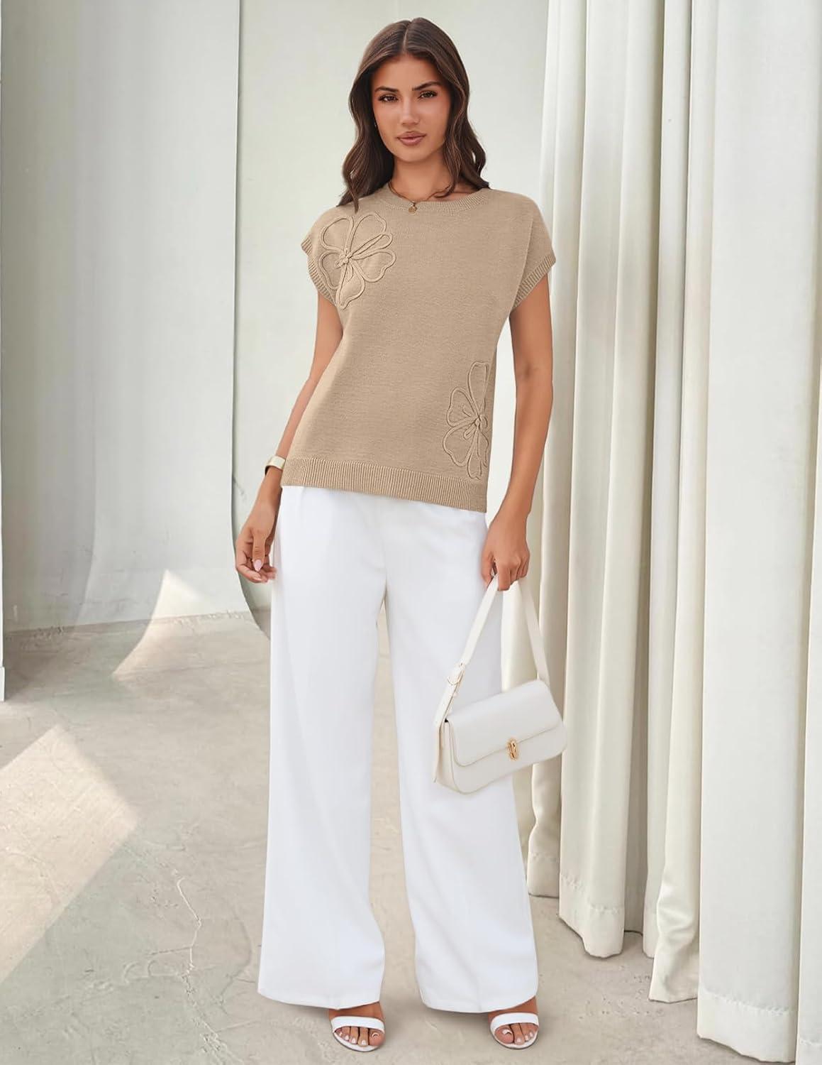 imageMEROKEETY Womens Summer Short Sleeve Sweater Vest Flower Knit Loose Pullover Tank Tops 2026 Trendy Spring Cute ClothingApricot