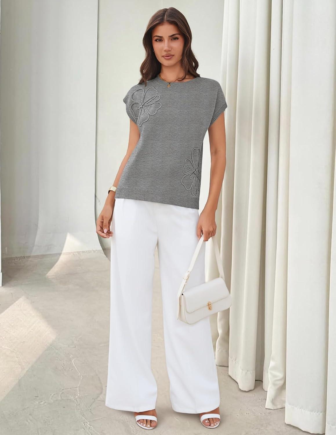 imageMEROKEETY Womens Summer Short Sleeve Sweater Vest Flower Knit Loose Pullover Tank Tops 2026 Trendy Spring Cute ClothingGrey