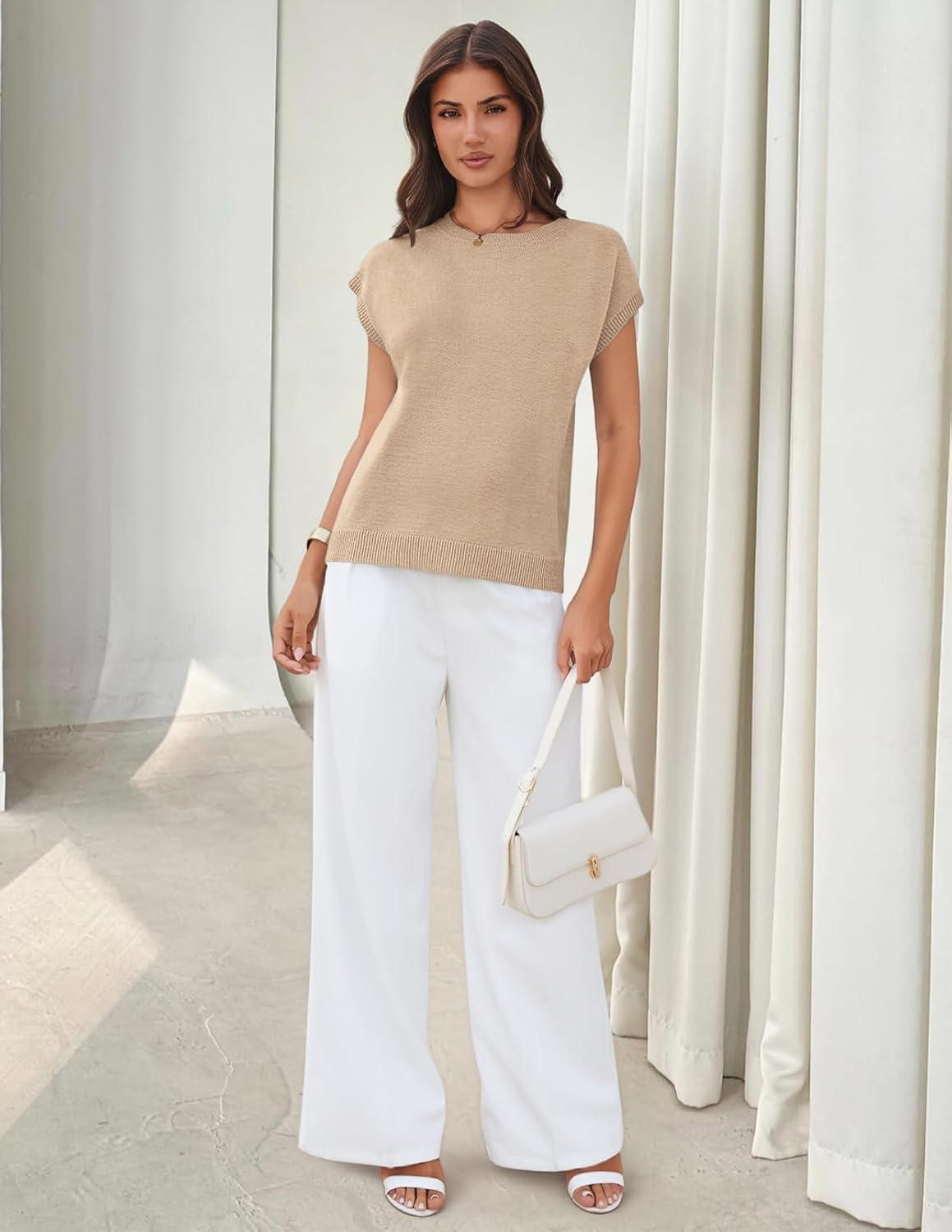 imageMEROKEETY Womens Summer Short Sleeve Sweater Vest Flower Knit Loose Pullover Tank Tops 2026 Trendy Spring Cute ClothingSolid Apricot