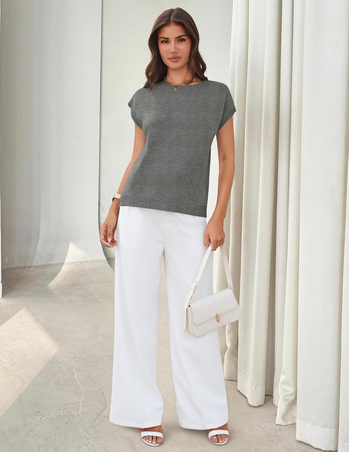 imageMEROKEETY Womens Summer Short Sleeve Sweater Vest Flower Knit Loose Pullover Tank Tops 2026 Trendy Spring Cute ClothingSolid Grey
