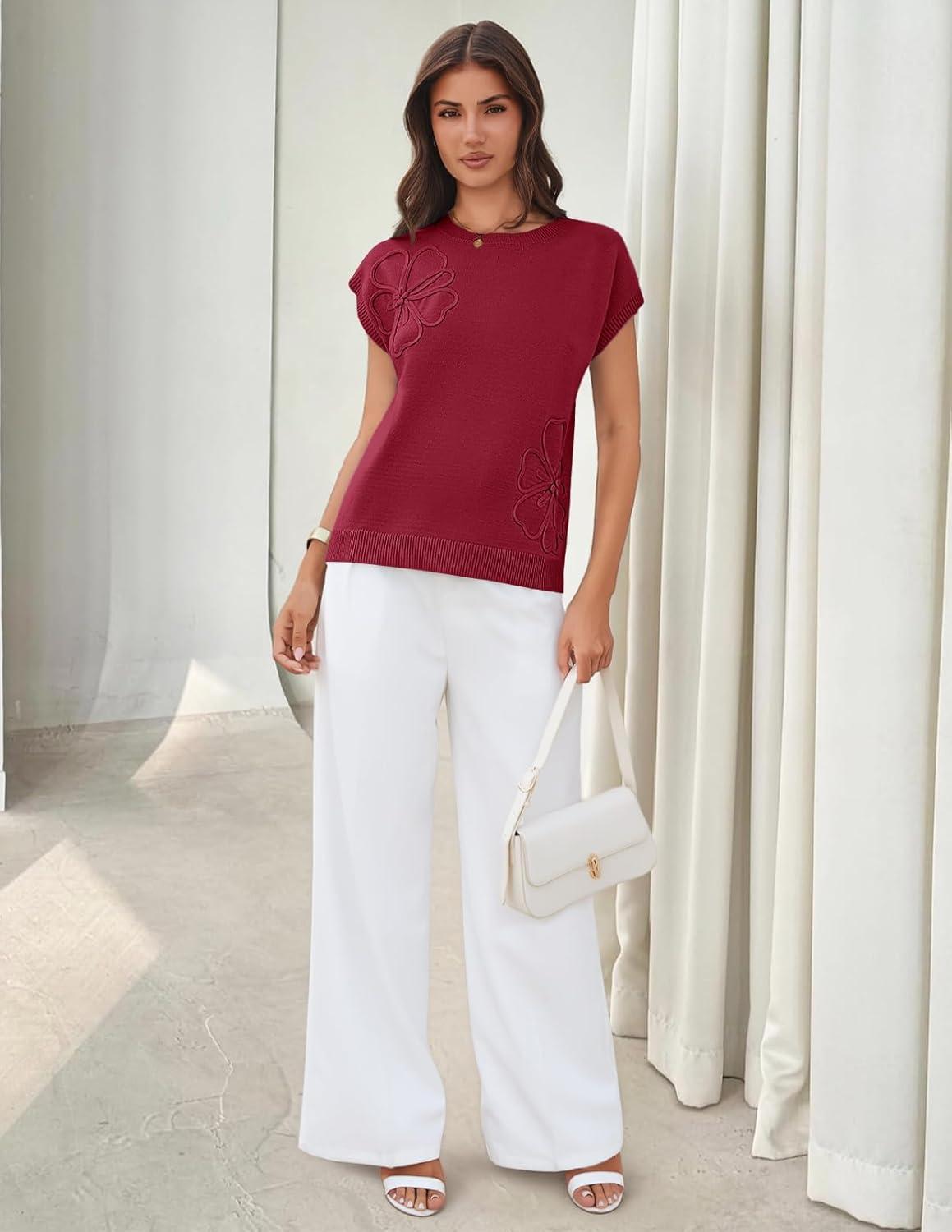 imageMEROKEETY Womens Summer Short Sleeve Sweater Vest Flower Knit Loose Pullover Tank Tops 2026 Trendy Spring Cute ClothingWine Red