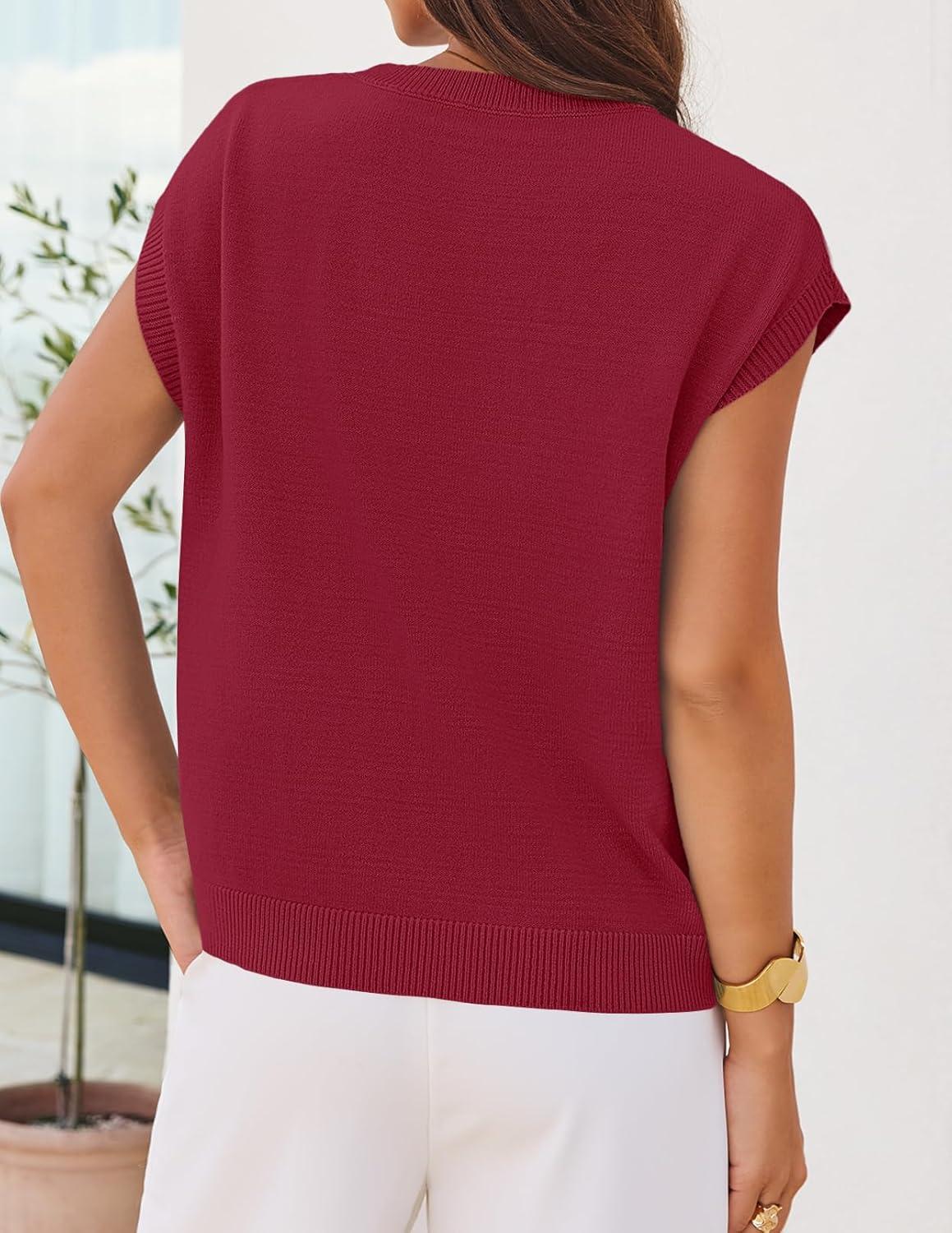 imageMEROKEETY Womens Summer Short Sleeve Sweater Vest Flower Knit Loose Pullover Tank Tops 2026 Trendy Spring Cute ClothingWine Red