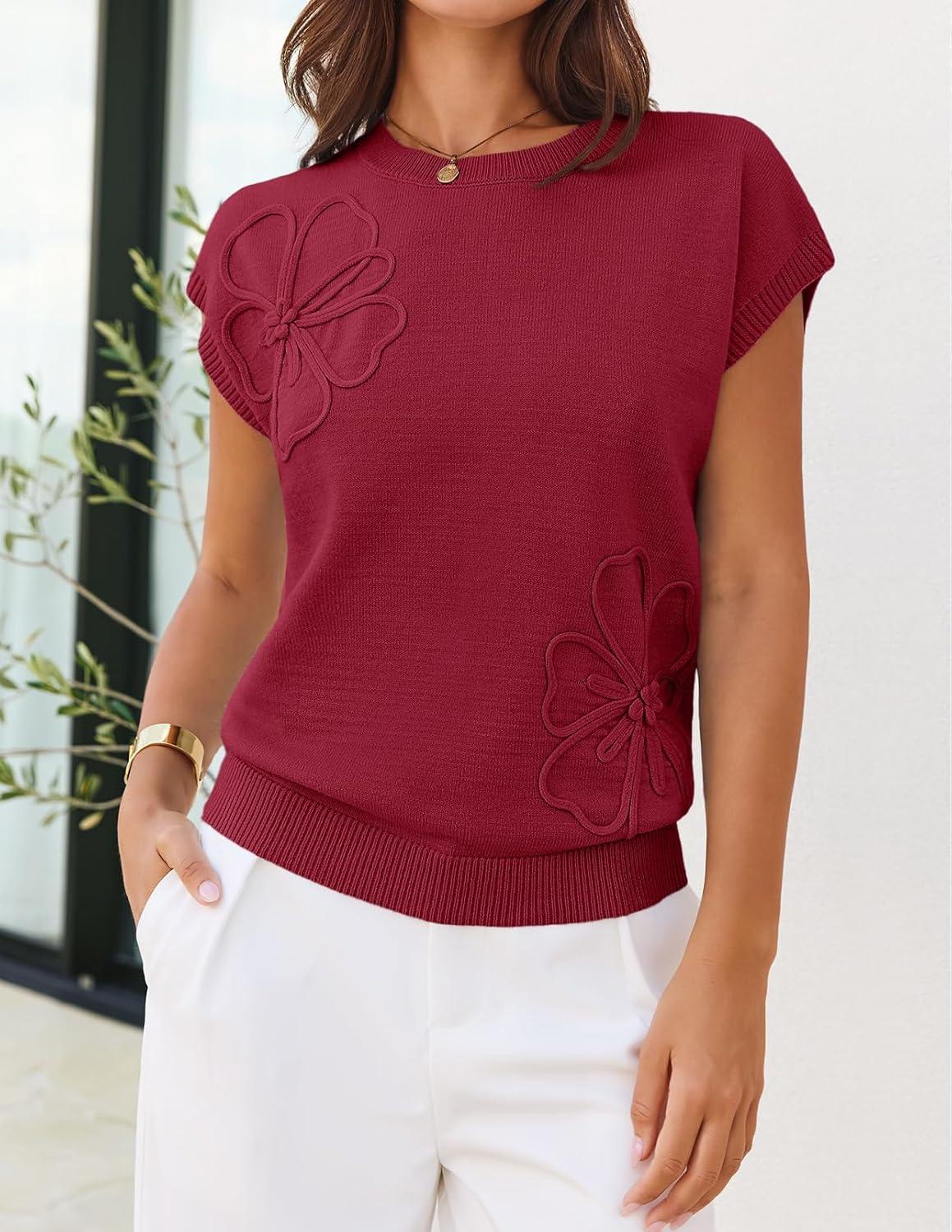 imageMEROKEETY Womens Summer Short Sleeve Sweater Vest Flower Knit Loose Pullover Tank Tops 2026 Trendy Spring Cute ClothingWine Red