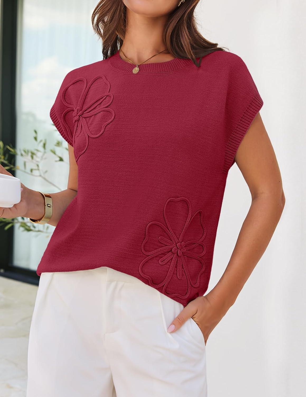 imageMEROKEETY Womens Summer Short Sleeve Sweater Vest Flower Knit Loose Pullover Tank Tops 2026 Trendy Spring Cute ClothingWine Red