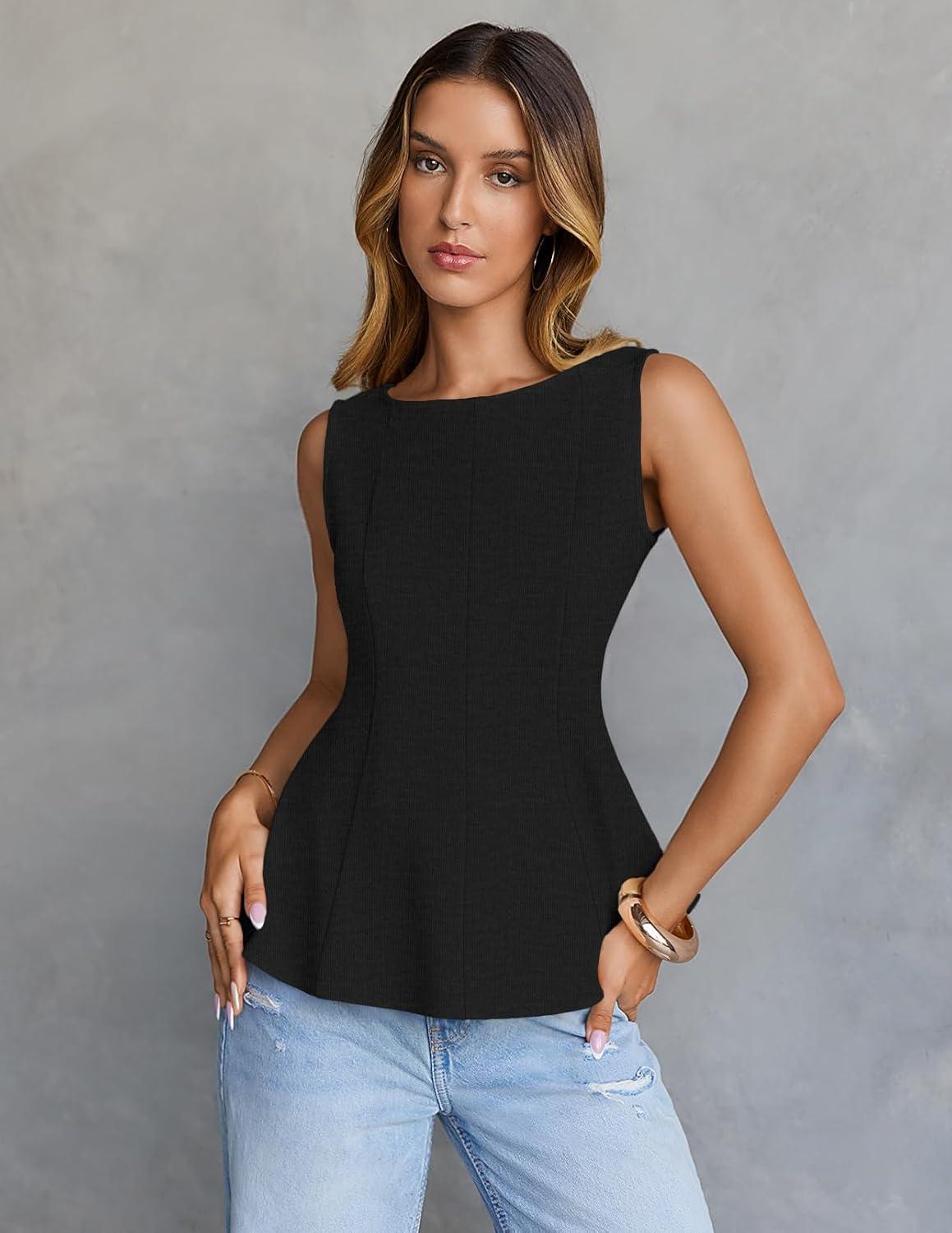 imageMEROKEETY Womens Summer Sleeveless Tank Tops Crewneck Ruffle Flowy Peplum Babydoll Blouses Trendy ClothesBlack