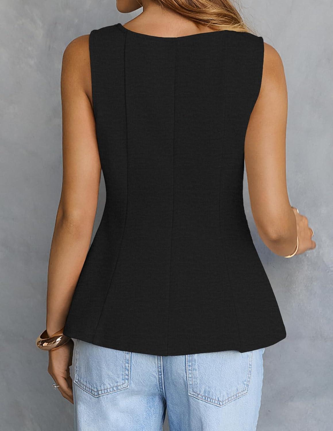 imageMEROKEETY Womens Summer Sleeveless Tank Tops Crewneck Ruffle Flowy Peplum Babydoll Blouses Trendy ClothesBlack