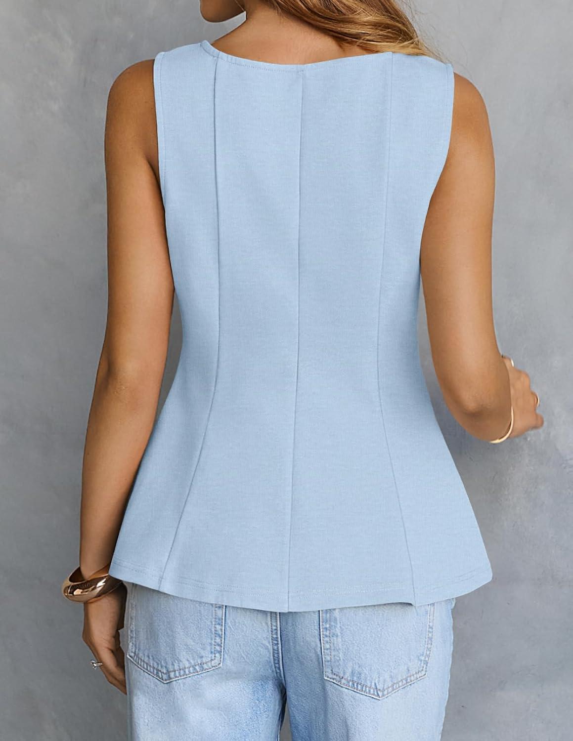 imageMEROKEETY Womens Summer Sleeveless Tank Tops Crewneck Ruffle Flowy Peplum Babydoll Blouses Trendy ClothesBlue