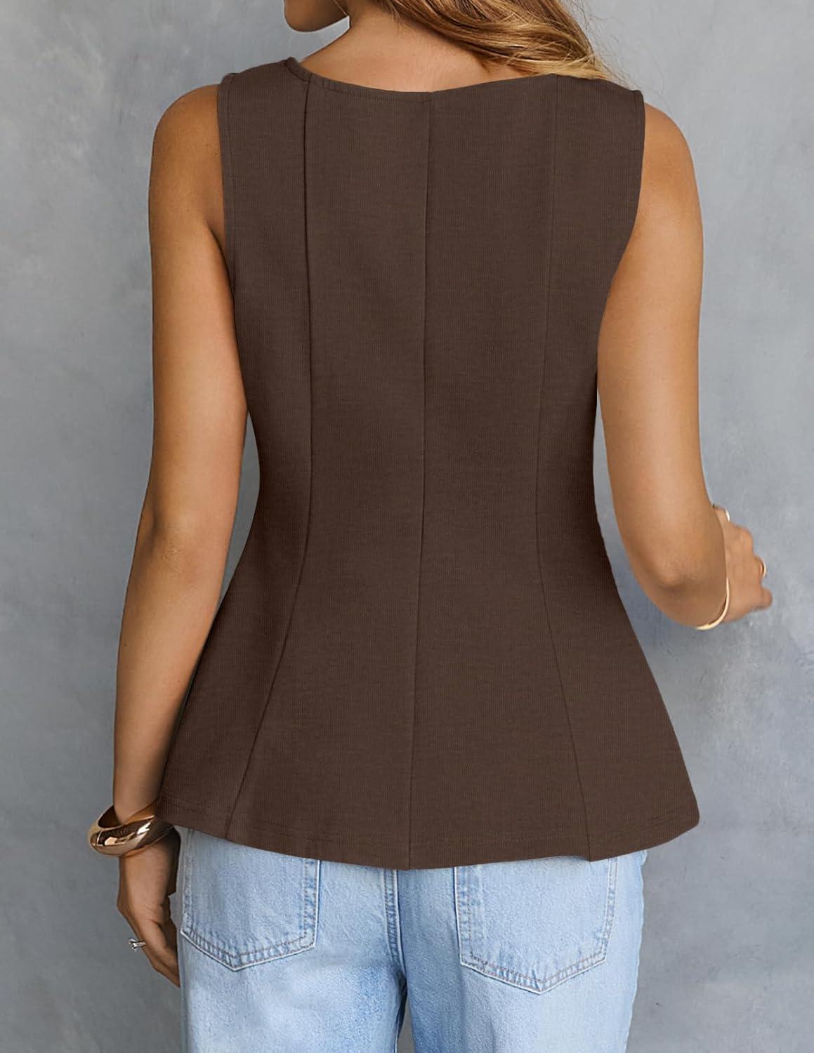 imageMEROKEETY Womens Summer Sleeveless Tank Tops Crewneck Ruffle Flowy Peplum Babydoll Blouses Trendy ClothesCoffee