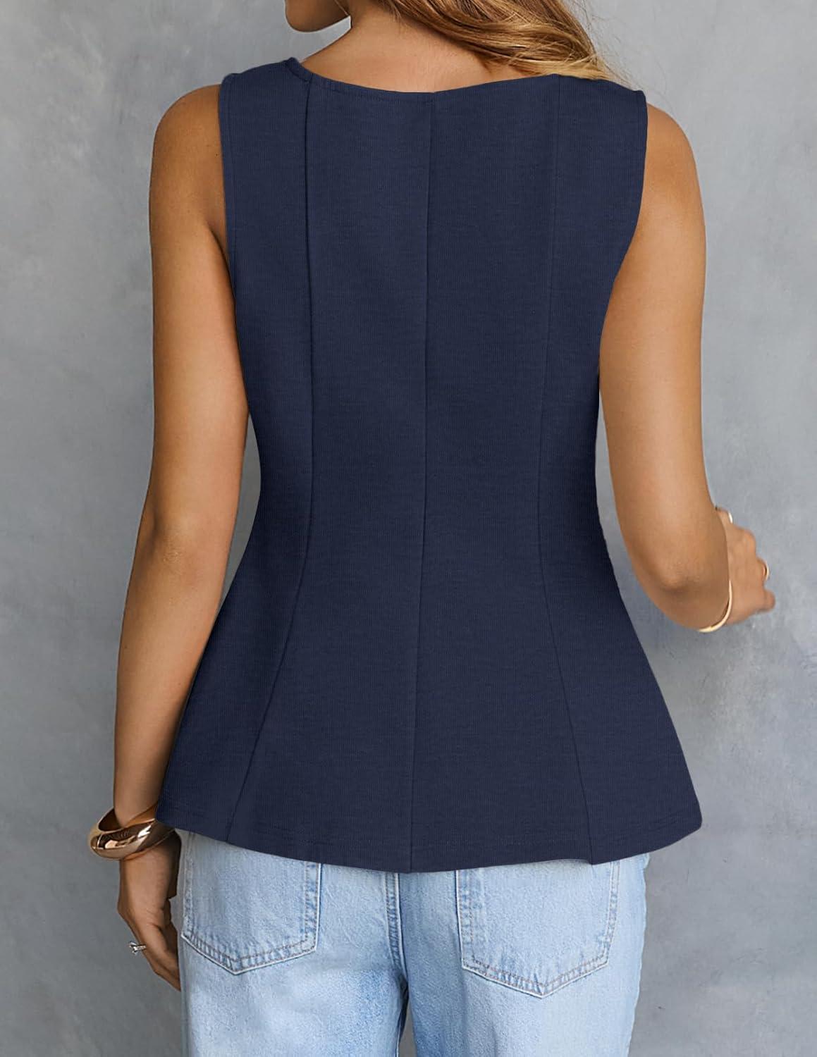 imageMEROKEETY Womens Summer Sleeveless Tank Tops Crewneck Ruffle Flowy Peplum Babydoll Blouses Trendy ClothesNavy