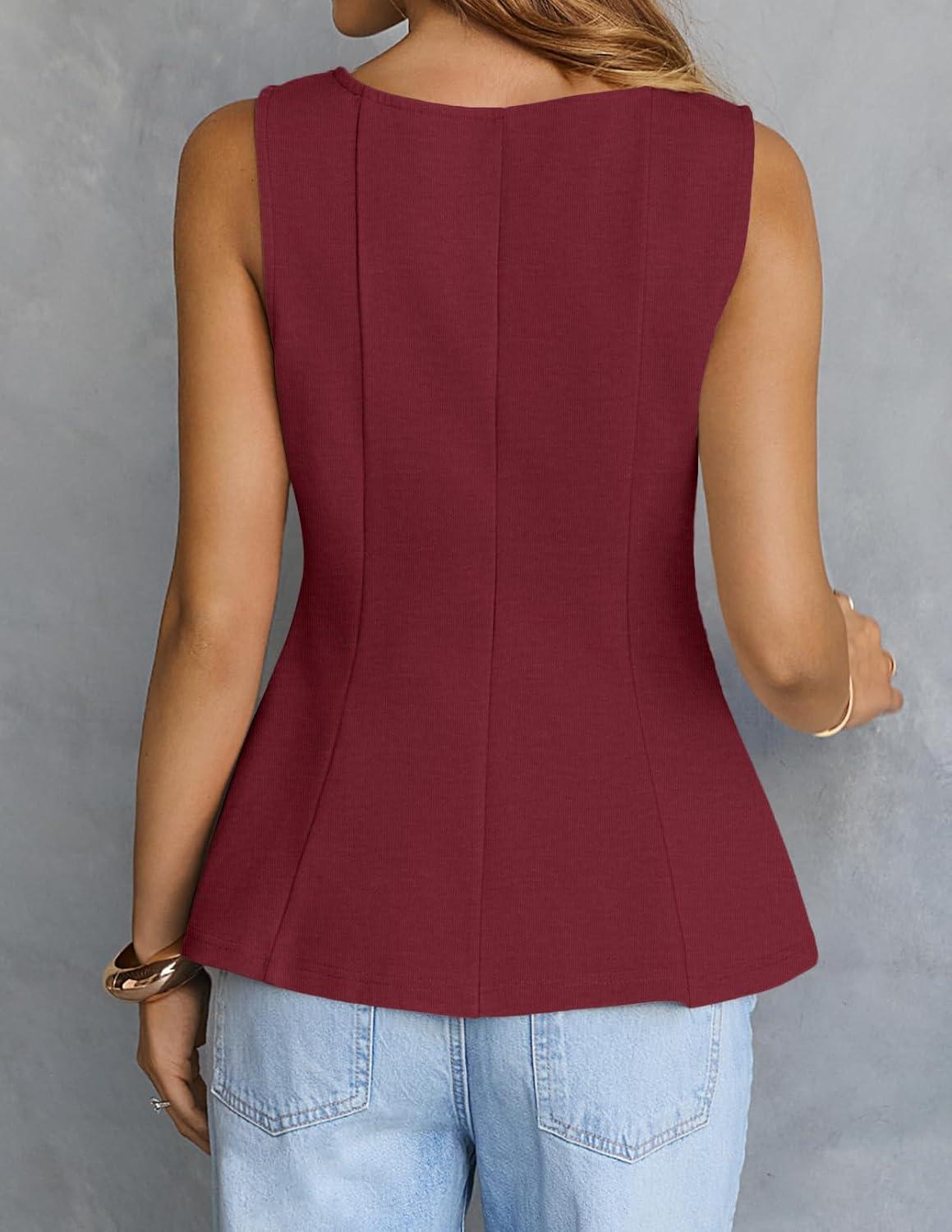 imageMEROKEETY Womens Summer Sleeveless Tank Tops Crewneck Ruffle Flowy Peplum Babydoll Blouses Trendy ClothesWine