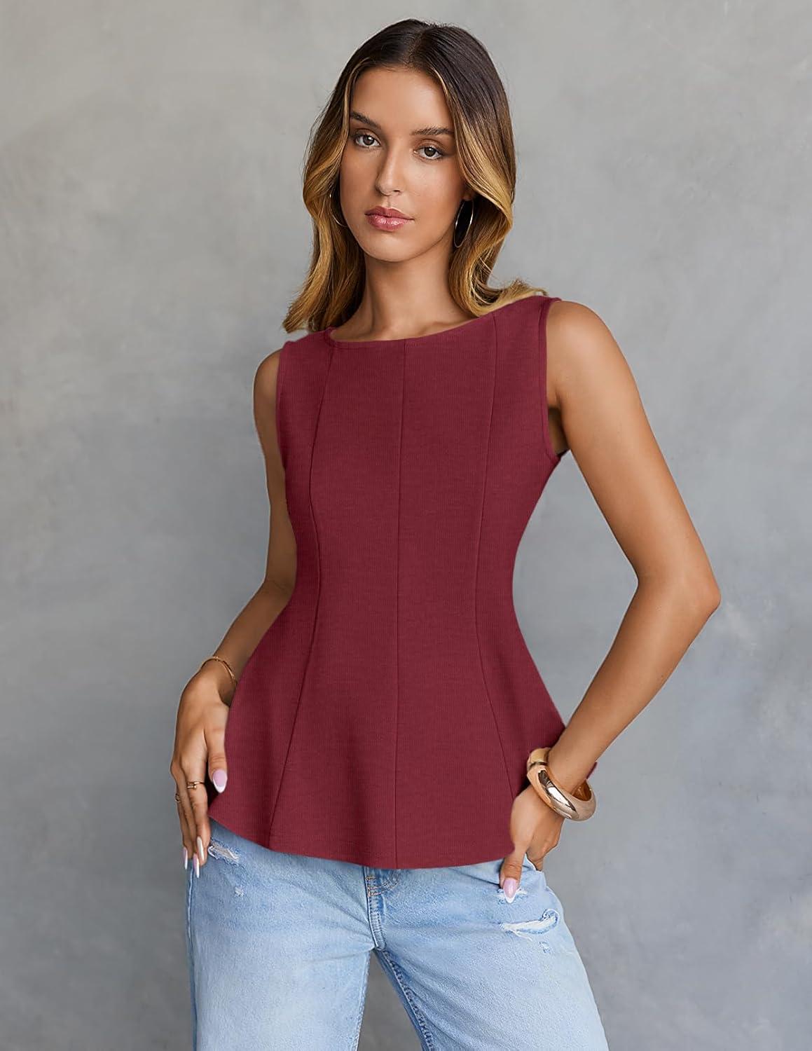 imageMEROKEETY Womens Summer Sleeveless Tank Tops Crewneck Ruffle Flowy Peplum Babydoll Blouses Trendy ClothesWine