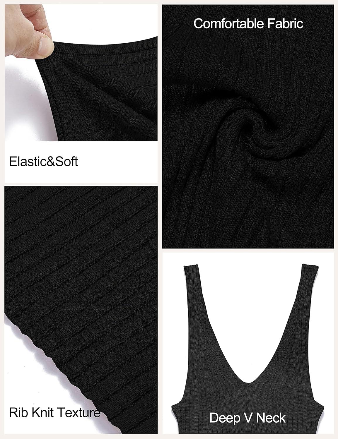 imageMEROKEETY Womens Summer Spring Midi Dress 2026 Beach Vacation Bodycon V Neck Sleeveless Sexy Ribbed Knit Sweater DressesBlack