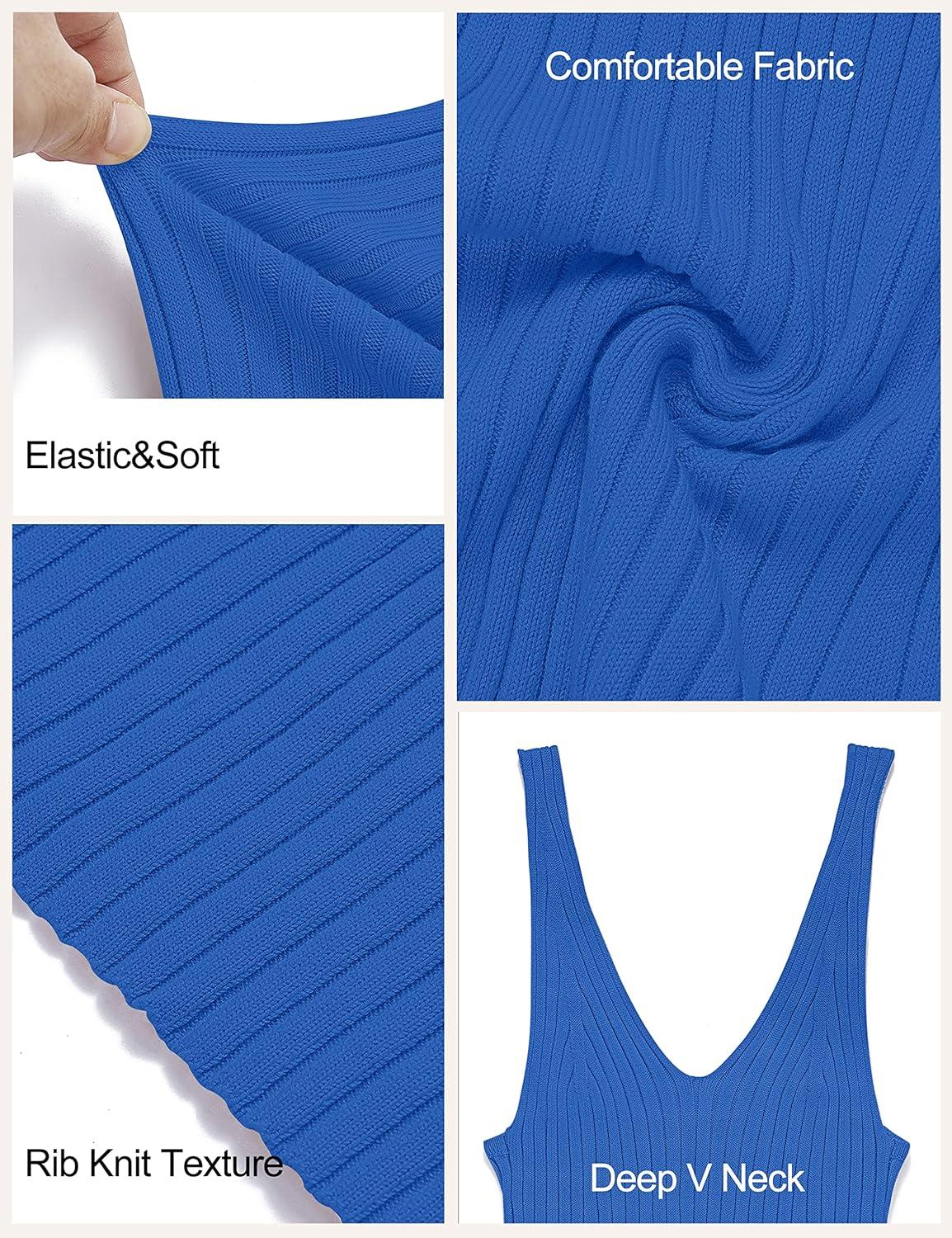 imageMEROKEETY Womens Summer Spring Midi Dress 2026 Beach Vacation Bodycon V Neck Sleeveless Sexy Ribbed Knit Sweater DressesBlue