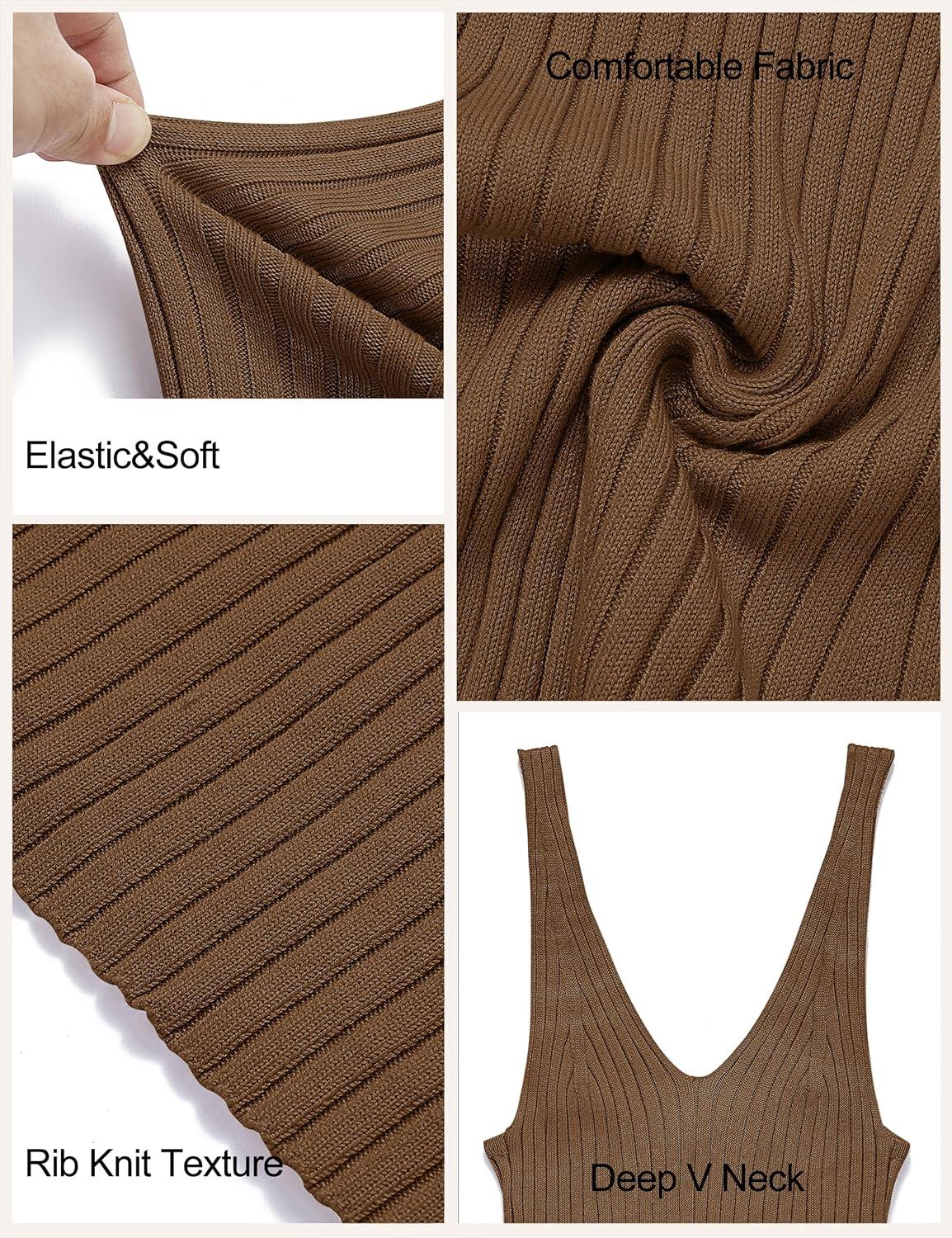 imageMEROKEETY Womens Summer Spring Midi Dress 2026 Beach Vacation Bodycon V Neck Sleeveless Sexy Ribbed Knit Sweater DressesCoffee