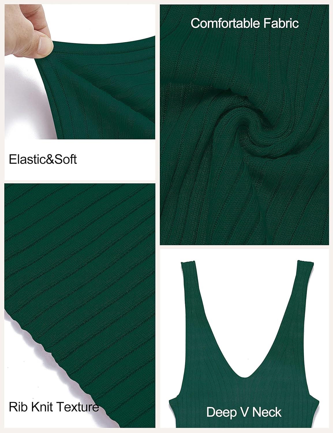 imageMEROKEETY Womens Summer Spring Midi Dress 2026 Beach Vacation Bodycon V Neck Sleeveless Sexy Ribbed Knit Sweater DressesDarkgreen