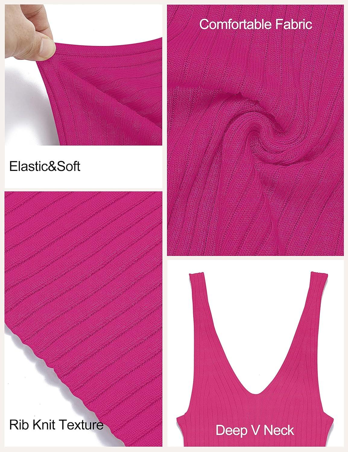 imageMEROKEETY Womens Summer Spring Midi Dress 2026 Beach Vacation Bodycon V Neck Sleeveless Sexy Ribbed Knit Sweater DressesHotpink