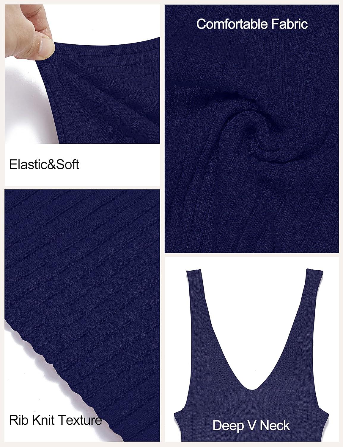 imageMEROKEETY Womens Summer Spring Midi Dress 2026 Beach Vacation Bodycon V Neck Sleeveless Sexy Ribbed Knit Sweater DressesNavy
