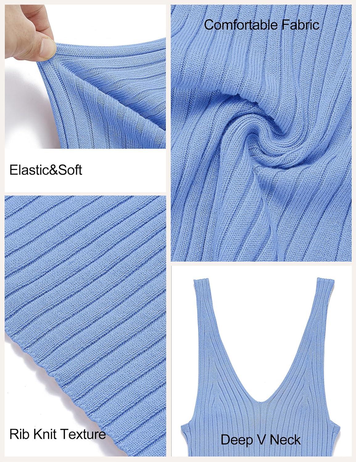 imageMEROKEETY Womens Summer Spring Midi Dress 2026 Beach Vacation Bodycon V Neck Sleeveless Sexy Ribbed Knit Sweater DressesSkyblue