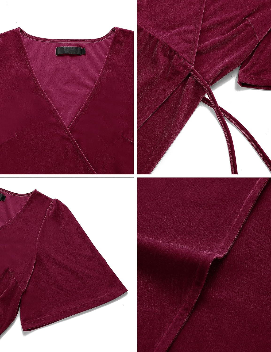 imageMEROKEETY Womens V Neck Wrap Velvet Maxi Wedding Guest Dress Bell Sleeve Split Bridesmaid Cocktail Party Formal DressesBurgundy