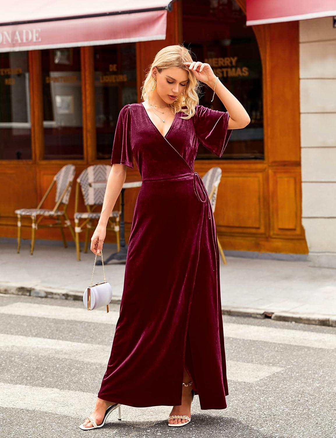 imageMEROKEETY Womens V Neck Wrap Velvet Maxi Wedding Guest Dress Bell Sleeve Split Bridesmaid Cocktail Party Formal DressesBurgundy