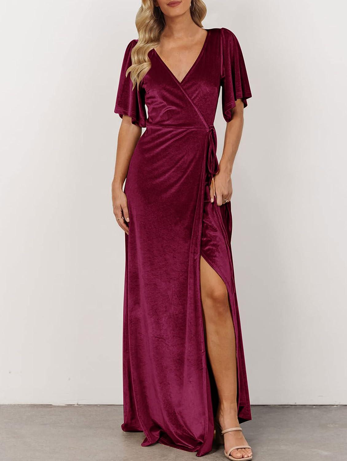 imageMEROKEETY Womens V Neck Wrap Velvet Maxi Wedding Guest Dress Bell Sleeve Split Bridesmaid Cocktail Party Formal DressesBurgundy